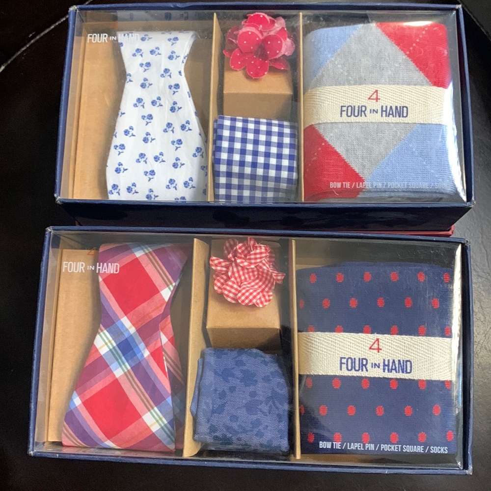 Mens 4 in Hand Bow Tie, Lapel Pin, Pocket Square and Socks Set